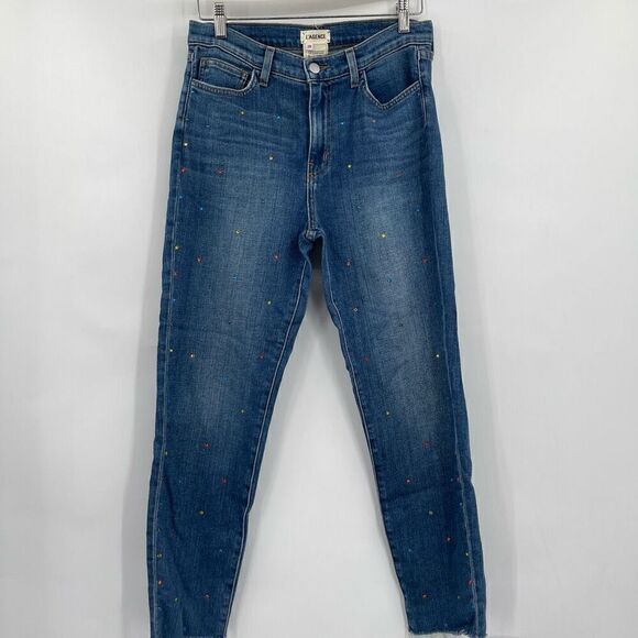 L'agence Mid Wash El Matador Embellished Raw Cut Off Hem Crop Skinny Jeans Sz 28 - Picture 1 of 8